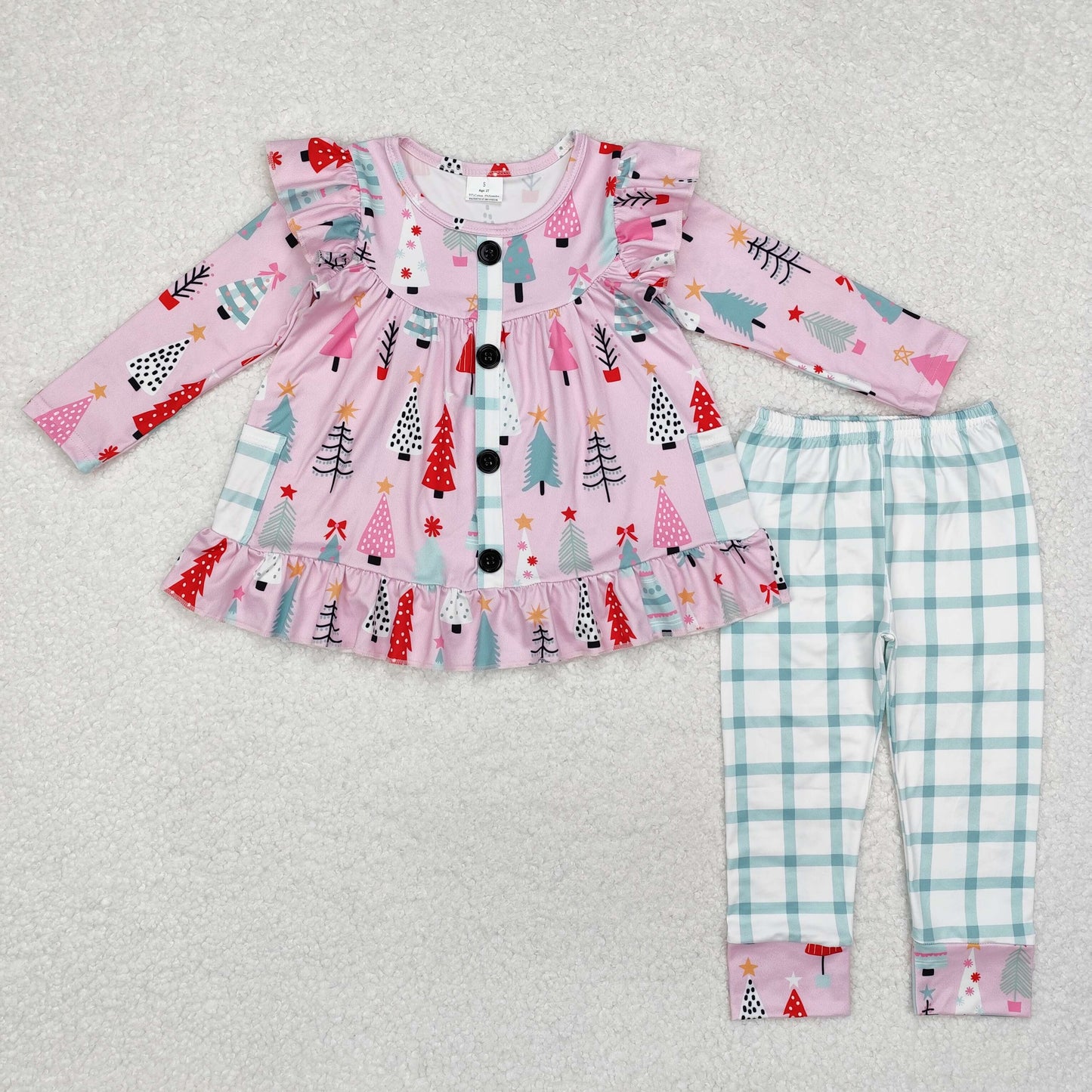 Baby Girl Long Sleeves Christmas Tree Pocket Pink Tunic Plaid Pants Set