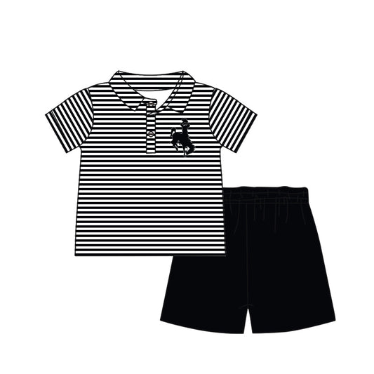 Baby Boy Short Sleeves Team Stripes Buttons Shirt Black Shorts Set Moq 5