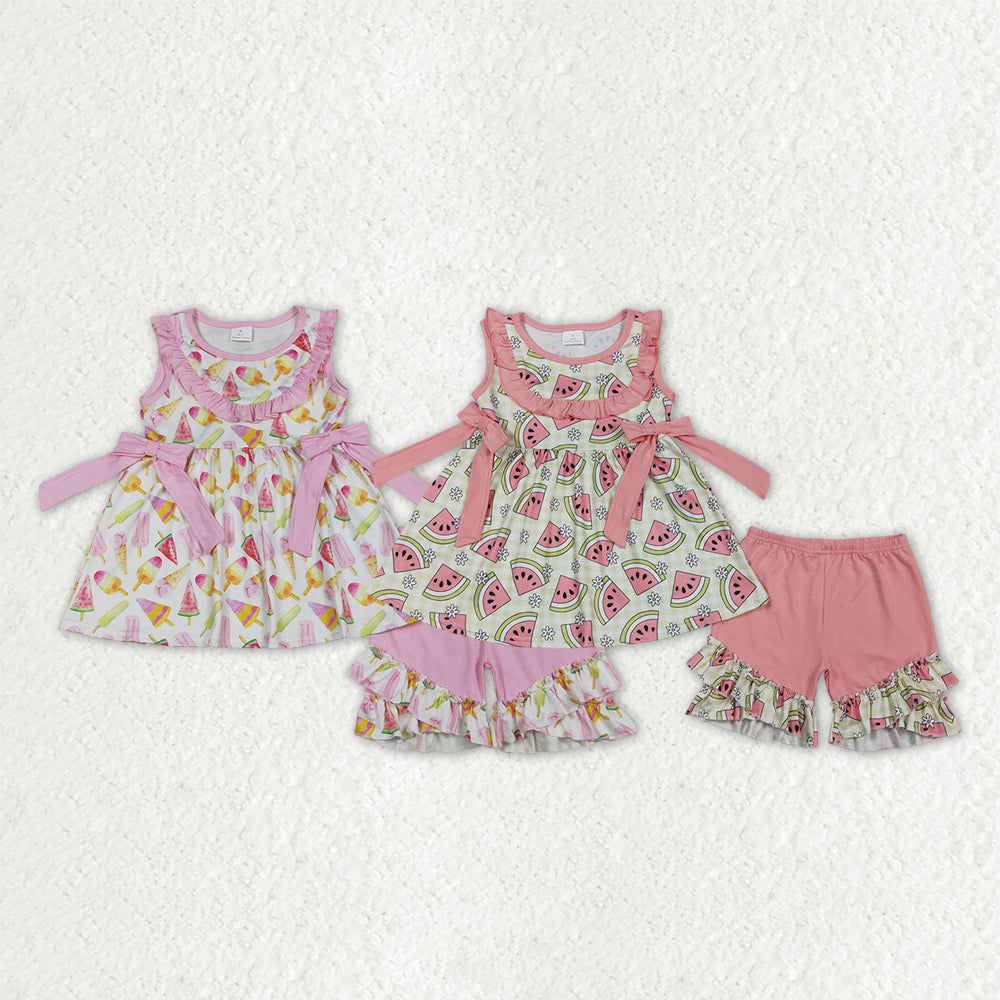 Sibling Baby Girls Kids Watermelon Bows Tunic Ruffle Shorts Sets Summer Clothes RTS