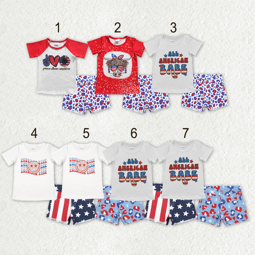 Sibling Baby Girls Kids Short Sleeves Shirts Denim Shorts 4th of July Clothes Sets RTS