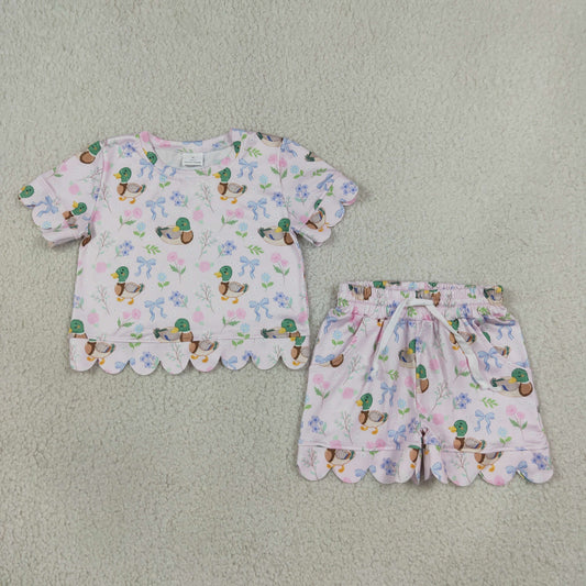 Baby Girls Kids Short Sleeves Ducks Flower Bows Shirt Scallop Shorts Set Clothes RTS