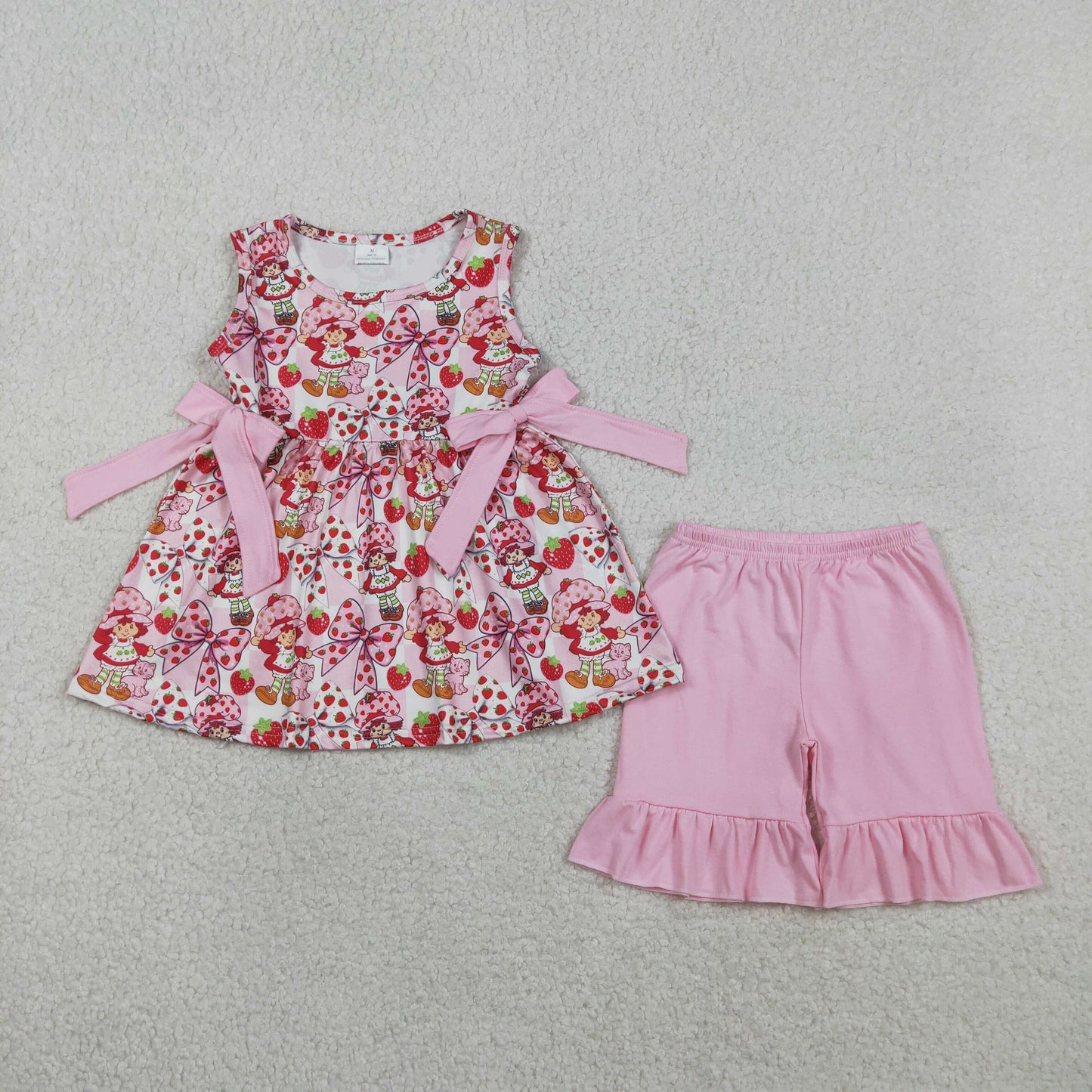 Baby Girls Sleeveless Strawberry Bows Tunic Pink Shorts Summer Clothes Set RTS