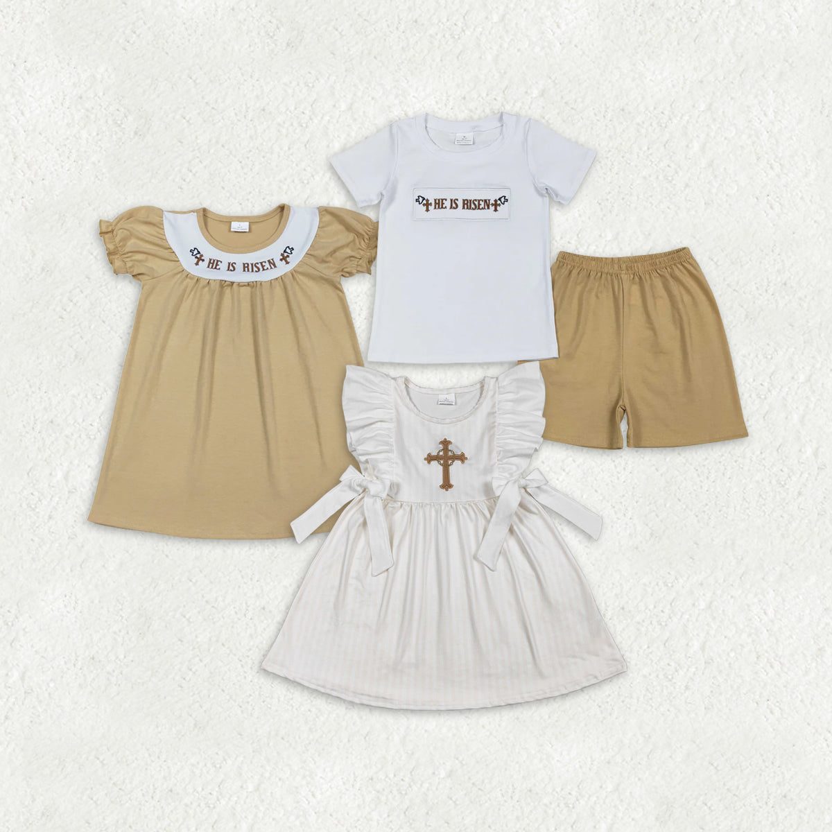 Sibling Baby Boys Girls Short Sleeves Embroidery He is Risen Cross Easter Romper Dress Set RTS