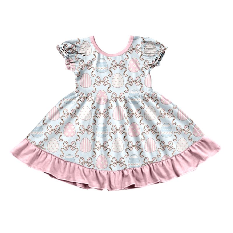 ( Moq 5 ) Preorder Baby Girls Kids Short Sleeves Bows Eggs Easter Knee Length Dress Clothes
