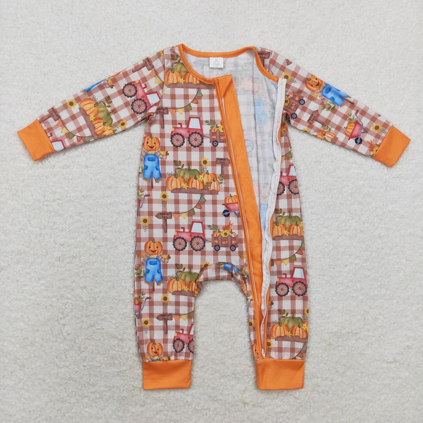 Baby Boy Long Sleeves Fall Pumpkin Trucks Zipper Bamboo Romper