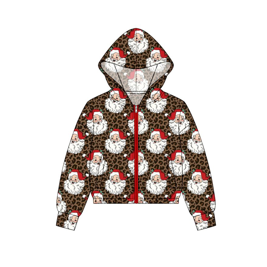 ( Moq 5 ) Preorder Baby Girl Kids Pockets Zipper Hoodie Christmas Santa Leopard Jacket Coat Tops