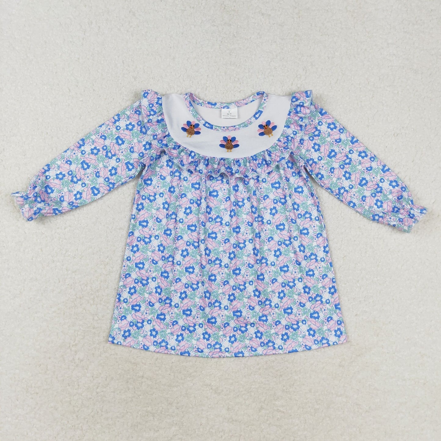 Baby Girl Blue Floral Thanksgiving turkey Embroidery Dress