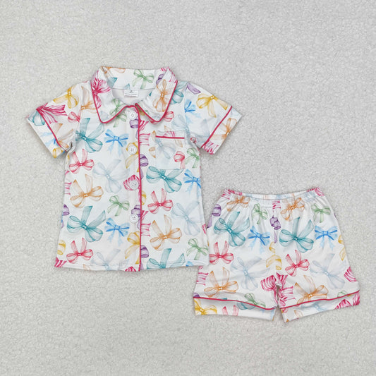 Baby Girl Short Sleeves Colorful Bows Buttons Shirt Shorts Pajamas Clothes Set