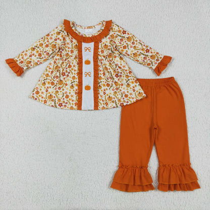 Baby Girl Long Sleeves Embroidery Pumpkins Bows Floral Sibling Fall Romper Dress Set RTS