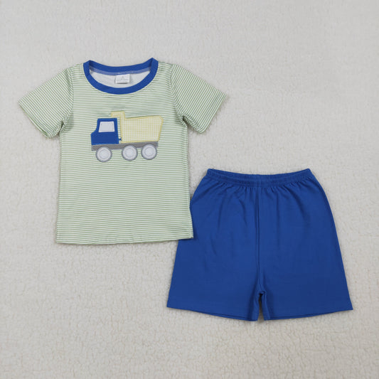 Baby Boys Short Sleeves Embroidery Truck Stripes Shirt Blue Shorts Summer Clothes Set RTS