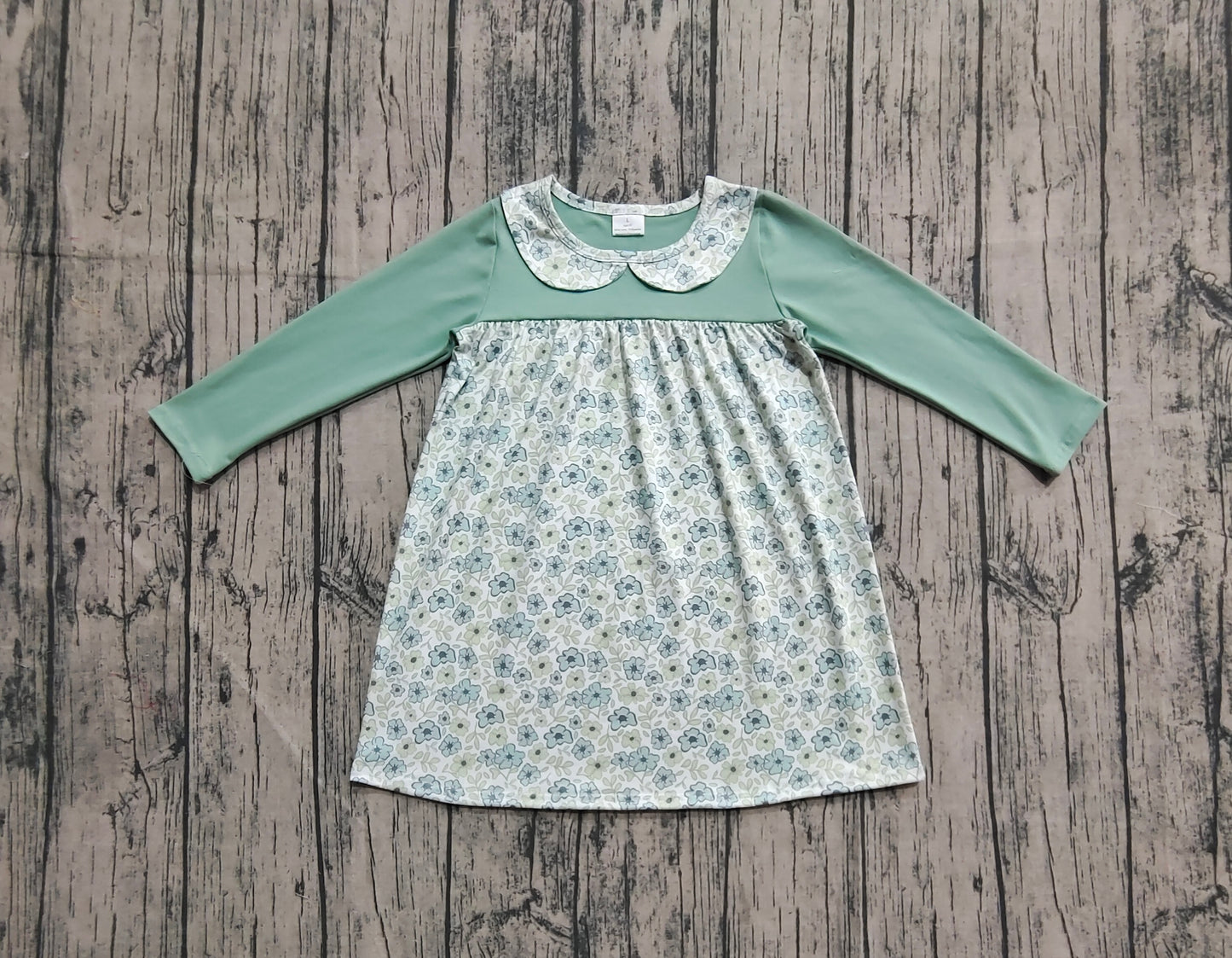 Baby Girl Green Long Sleeves Flower Knee Length Dress RTS