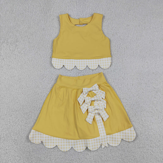 Baby Girls Yellow Sleeveless Tops Bows Skirt Shorts Yoga Clothes Set RTS