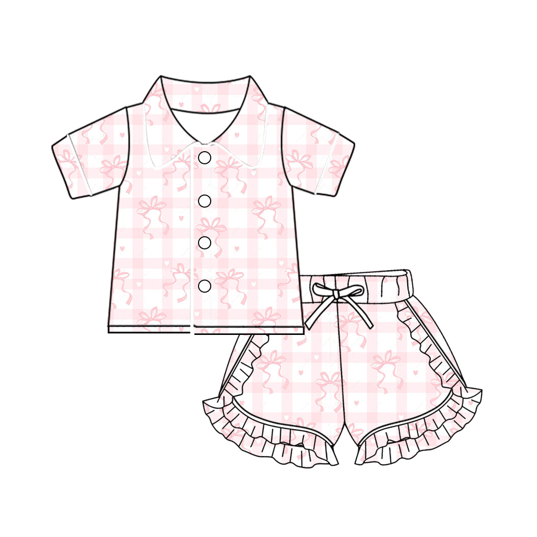 Baby Girl Short Sleeves Plaid Pink Buttons Shirt Ruffle Shorts Pajamas Set Moq 5