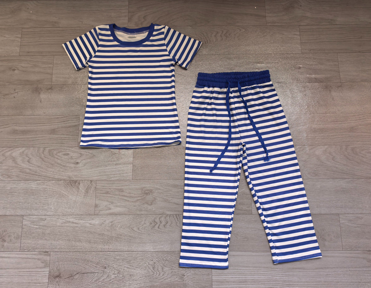 ( No moq ) Preorder Baby Girls Kids Short Sleeves Blue Stripes Shirt Pants Pajamas Set Clothes