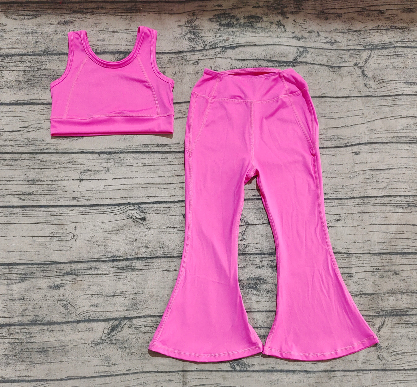 Baby Girl Pink Straps Vest Tops Bell Bottom Pants Yoga Active Wear Clothes Set RTS