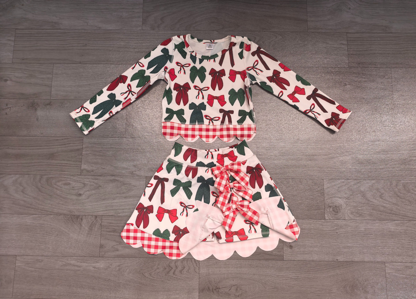 ( No moq ) Preorder Baby Girls Kids Christmas Bows Shirt Scallop Skirt Shorts Yoga Active Set Clothes