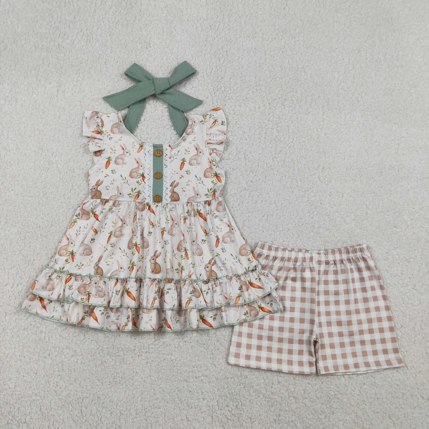 Baby Girls Kids Carrots Rabbits Buttons Tunic Plaid Shorts Easter Clothes Set RTS