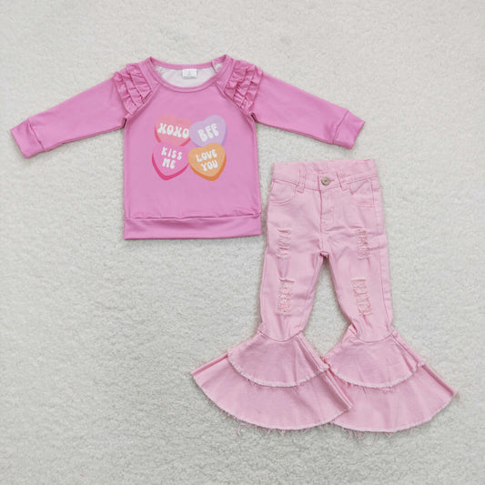 GLP1165 Baby Girl Long Sleeves Hearts Shirt Pink Denim Bell Pants Valentine's Day Set