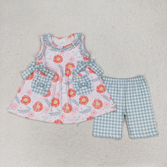 Baby Girl Sleeveless Flower Pocket Tops Plaid Shorts Summer Set