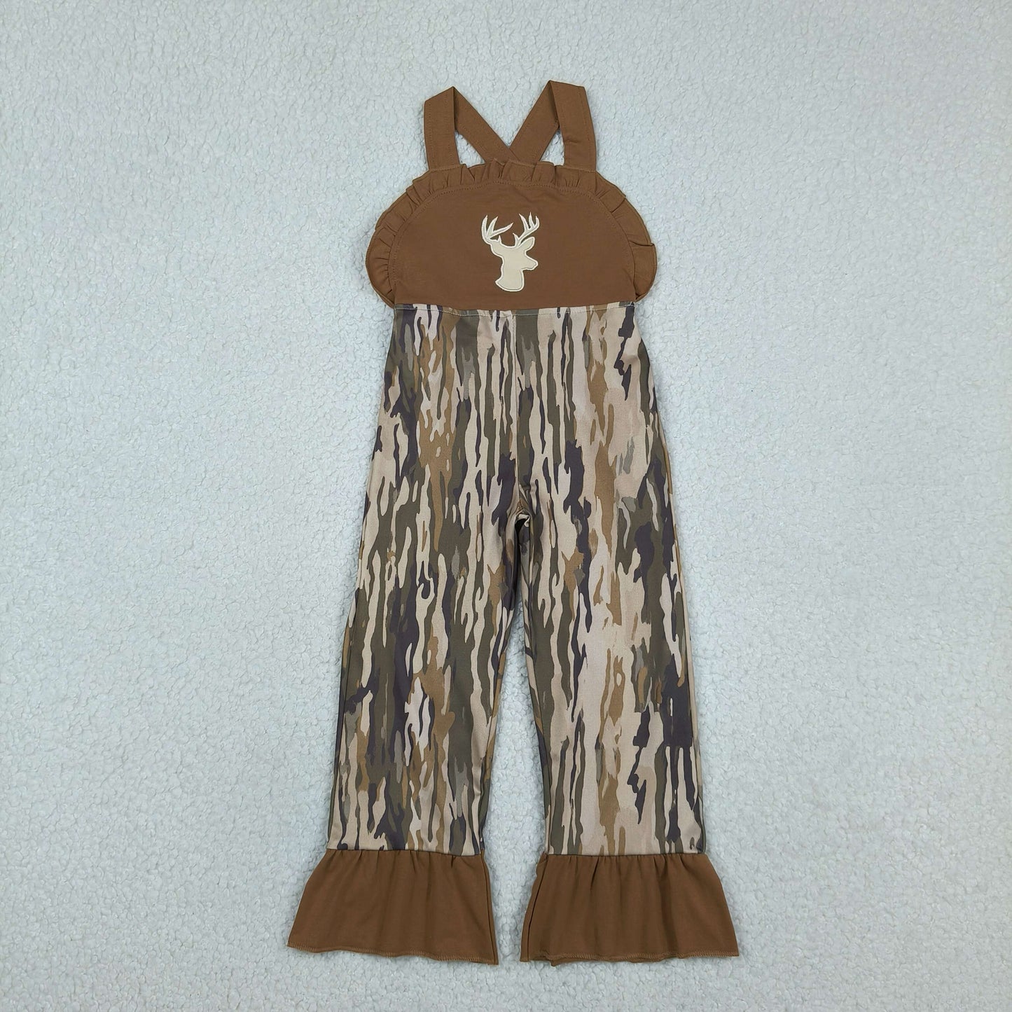 Baby Girls Kids Brown Sleeveless Embroidery Deer Camo Pants Jumpsuit RTS