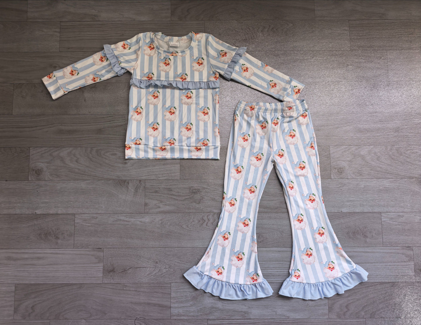 ( No moq ) Preorder Baby Girls Kids Christmas Santa Blue Ruffle Shirt Bell Pants Set Clothes