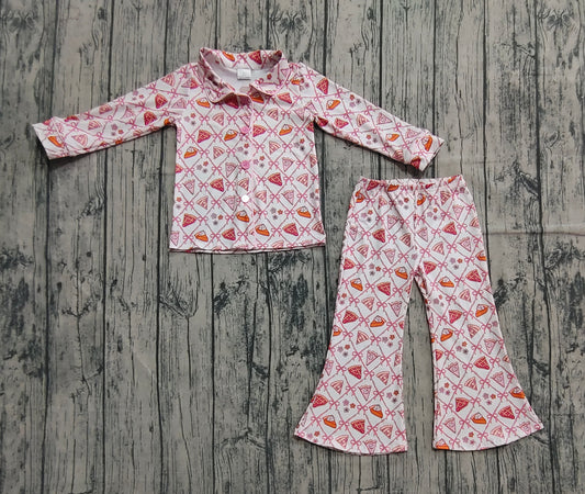 ( No moq ) Preorder Kids Girl Long Sleeves Pumpkin Pie Bows Buttons Shirt Pants Thanksgiving Pajamas Set