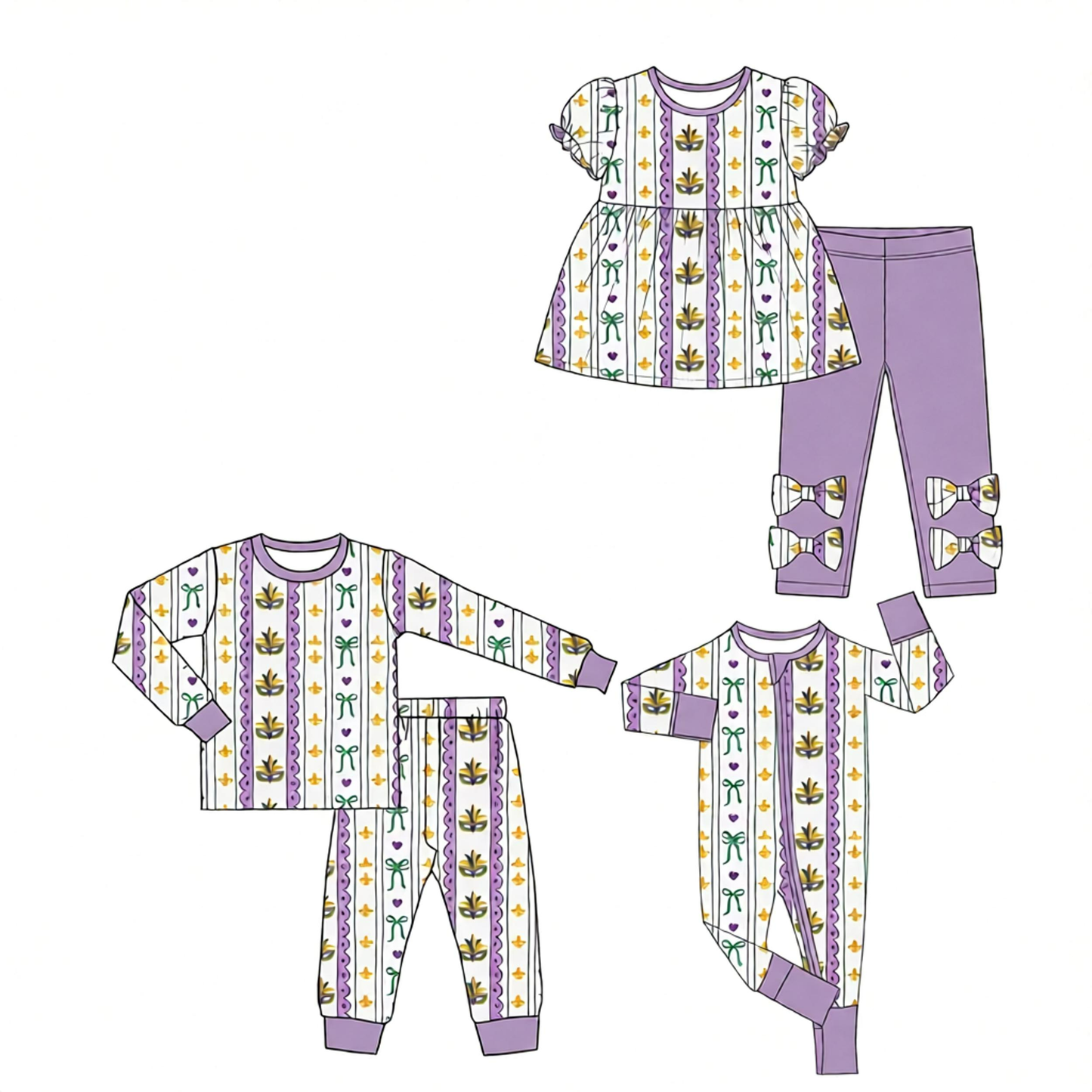 ( Moq 5 Each Style ) Baby Girls Kids Bows Masks Mardi Gras Sibling Romper Sets Clothes