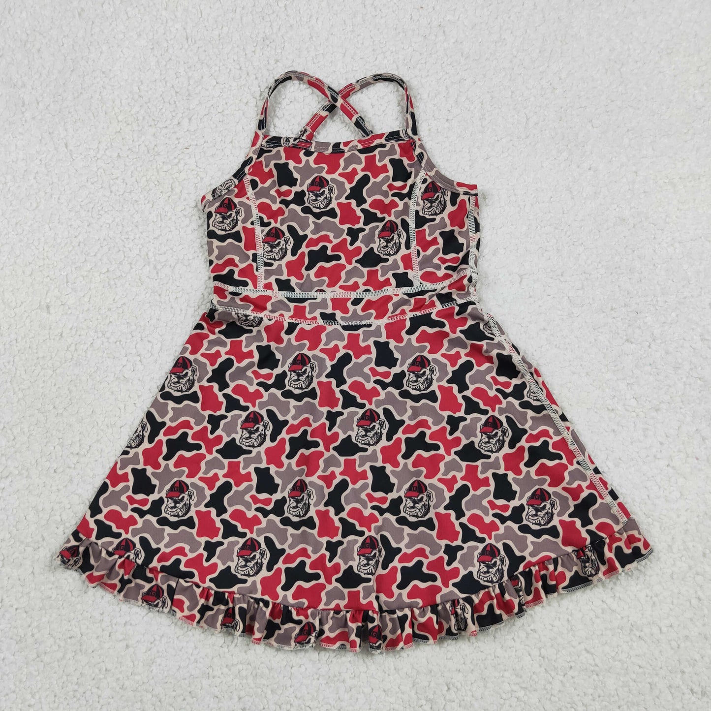 Baby Girls Kids Straps Dogs Camo Print Team Yoga Ruffle Knee Length Dress RTS