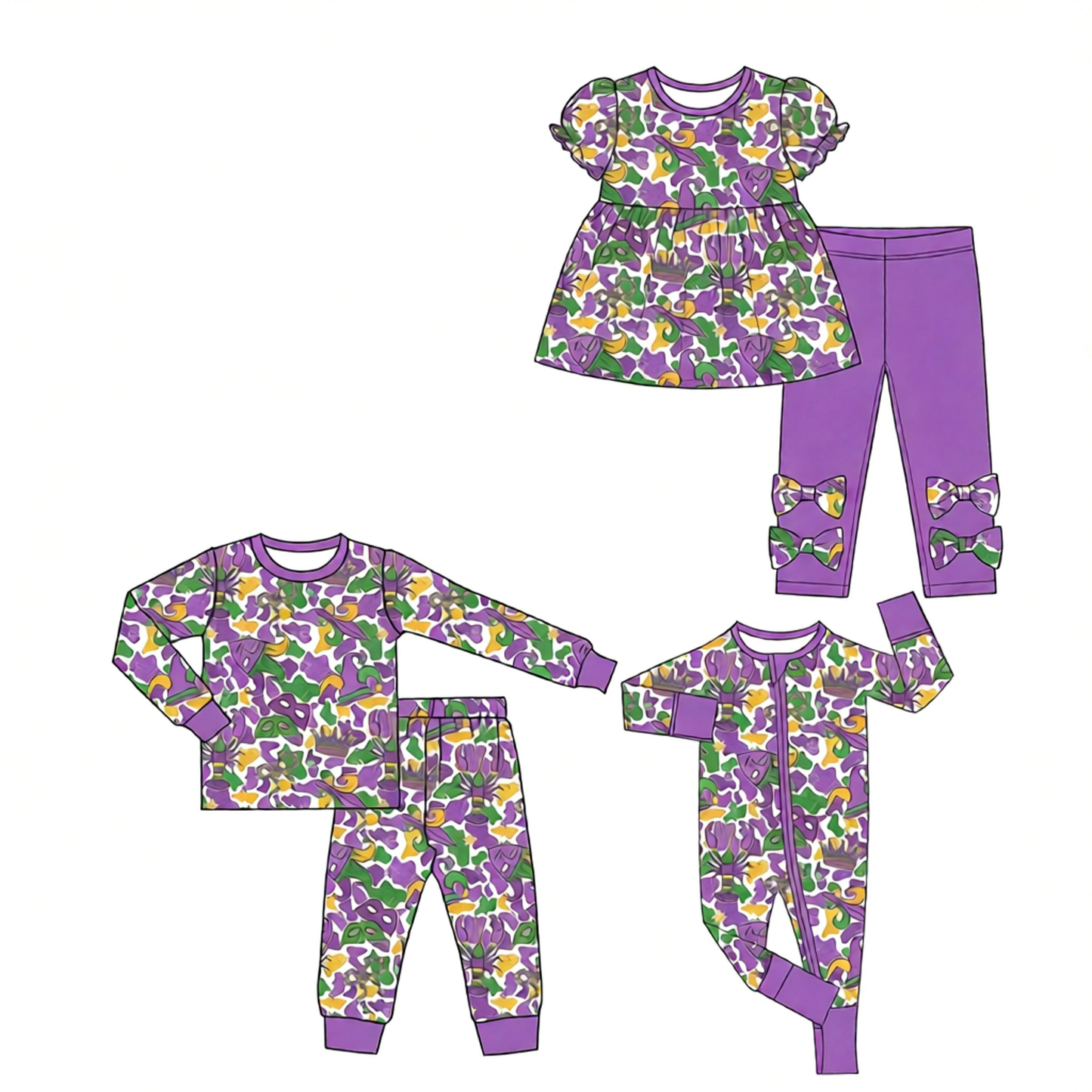 ( Moq 5 Each Style ) Baby Girls Kids Anchors Masks Crayfish Mardi Gras Sibling Camo Romper Sets Clothes