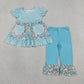 Baby Girls Kids Short Sleeves Flower Pockets Plaid Tunic Ruffle Blue Pants Clothes Set RTS