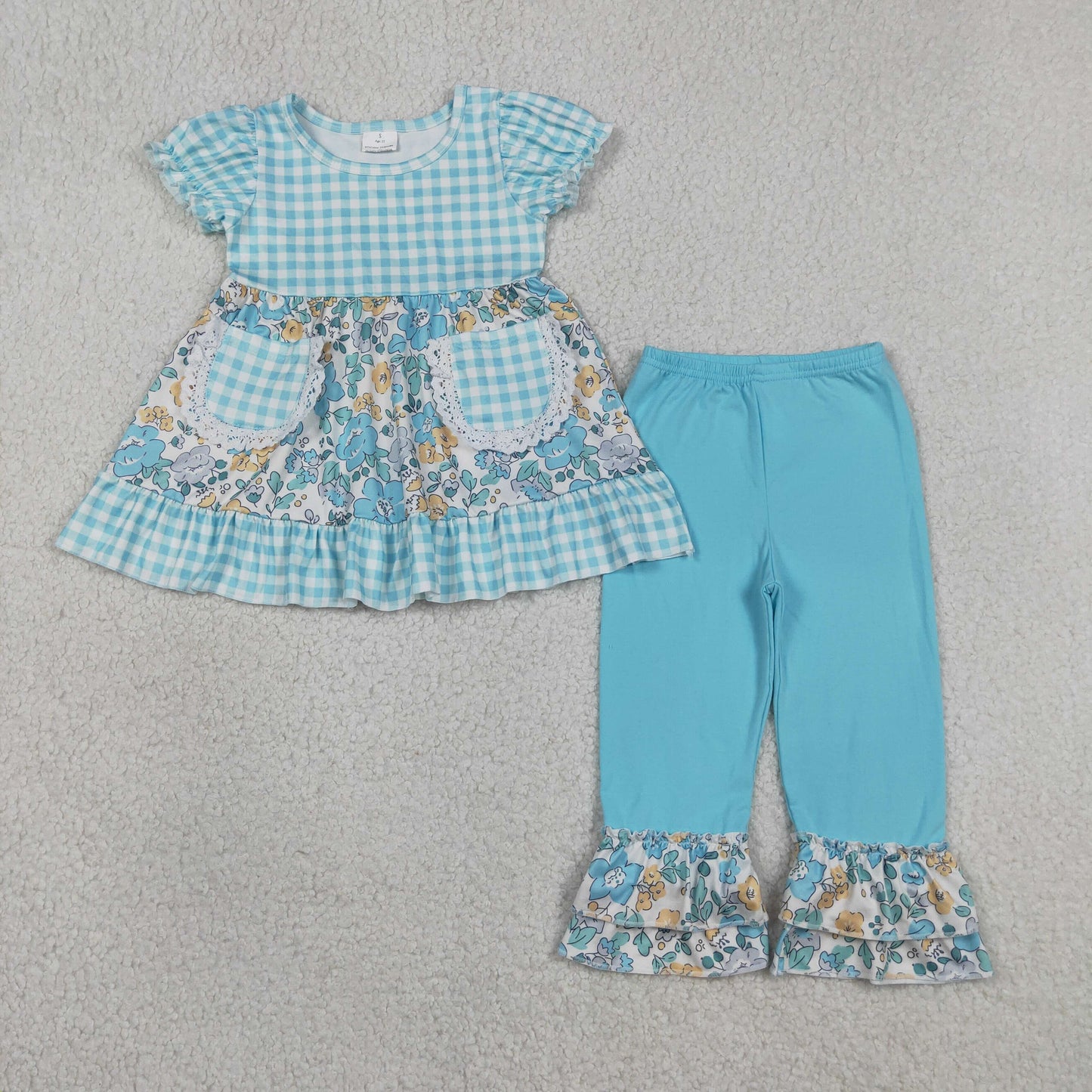 Baby Girls Kids Short Sleeves Flower Pockets Plaid Tunic Ruffle Blue Pants Clothes Set RTS