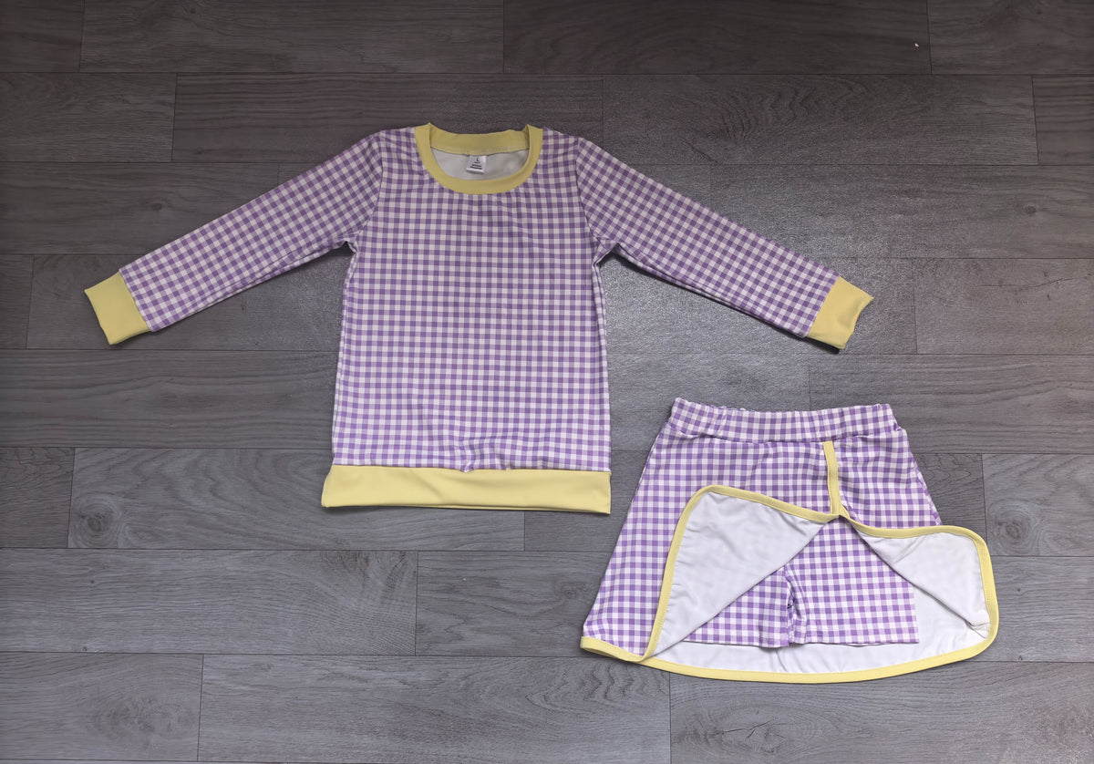 ( No moq ) Preorder Baby Girls Kids Long Sleeves Purple Plaid Shirt Skirt Shorts Set Yoga Active Clothes