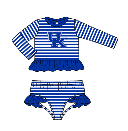 ( Moq 5 ) Baby Girls Long Sleeves UK Ruffle Tops Blue Stripes Shorts Team Set Swimsuit