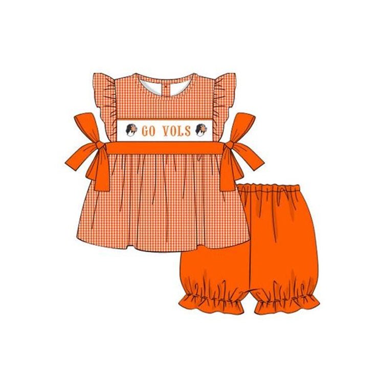 Baby Girl Team Checkered Bows Tops Cotton Orange Shorts Set