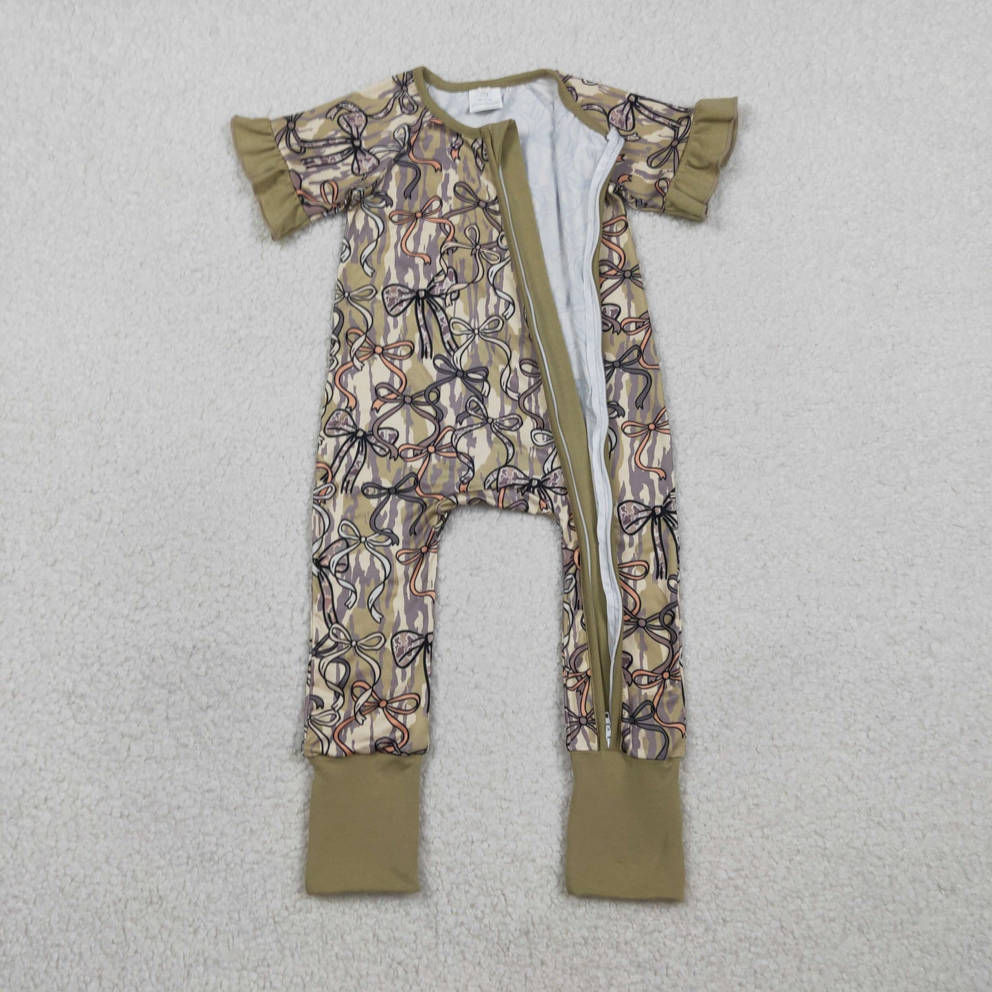Baby Girls Kids Short Sleeves Camo Bows Zipper Sleeper Footie Romper RTS