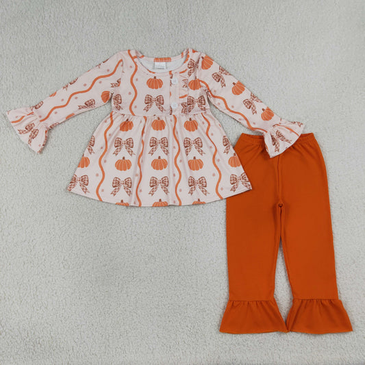 Baby Girls Kids Long Sleeves Pumpkins Bows Ruffle Tunic Pants Set Fall Clothes RTS