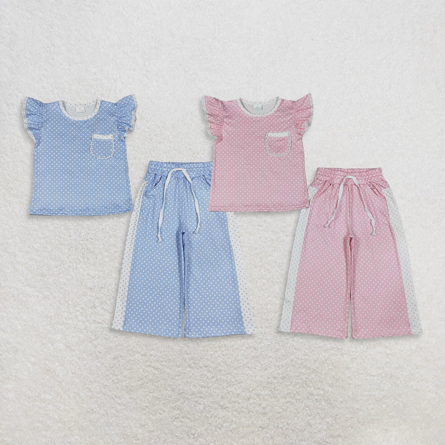 Sibling Baby Girl Kids Short Sleeves Pockets Shirts Dots Pants Sets Clothes RTS