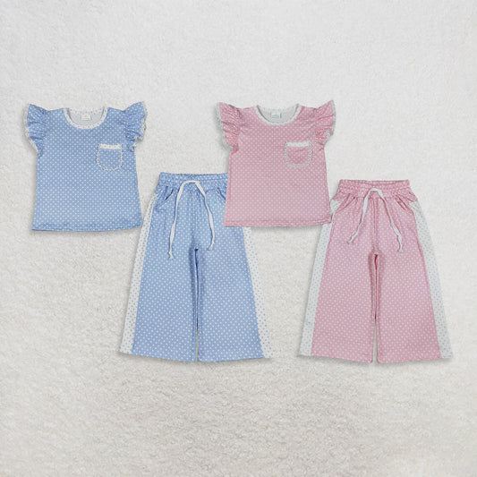 Sibling Baby Girl Kids Short Sleeves Pockets Shirts Dots Pants Sets Clothes RTS