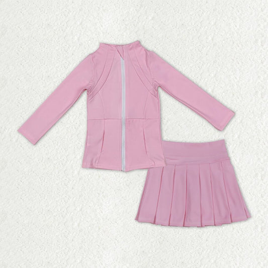 Kids Girls Long Sleeves Zipper Pockets Cardigan Pink Shorts Skirt Yoga Active Set RTS