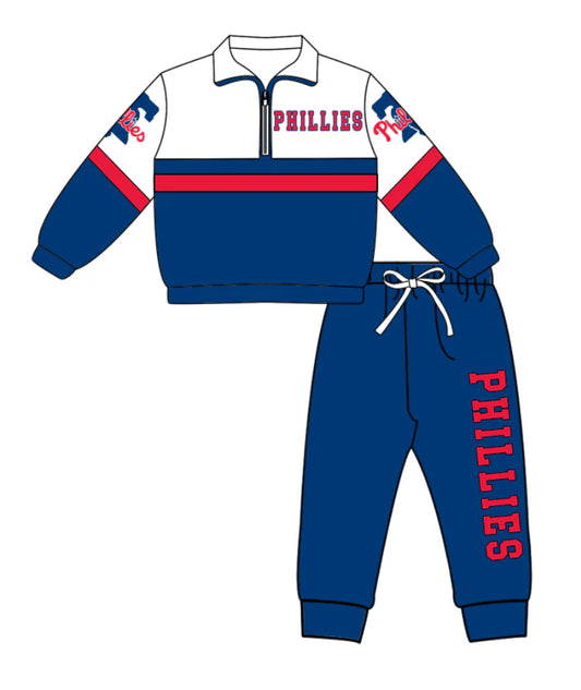 ( Moq 5 ) Baby Boys Toddler Blue Long Sleeves Zipper Pullover Jogger Pants Team Clothes Outfit