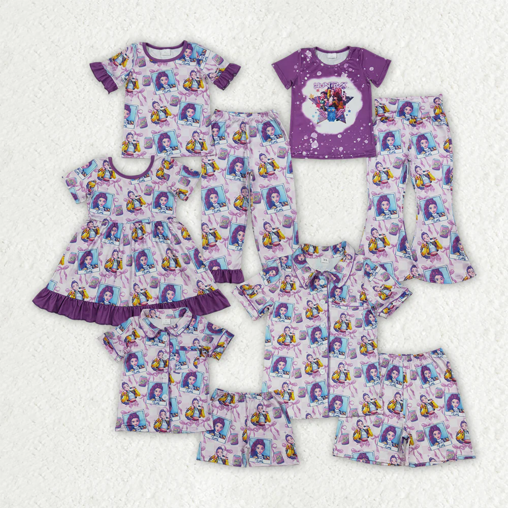 Sibling Baby Girls Adult Women Short Sleeves Singer Characters Purple Bows Dress Family Pajamas Set RTS