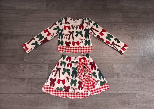 ( No moq ) Preorder Baby Girls Kids Christmas Bows Shirt Scallop Skirt Shorts Yoga Active Set Clothes