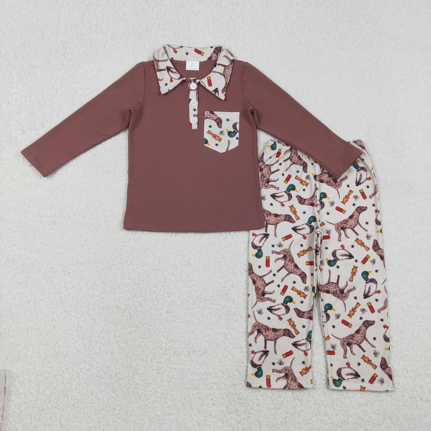 Baby Boy Long Sleeves Buttons Pocket Shirt Ducks Dogs Pants Hunting Set RTS