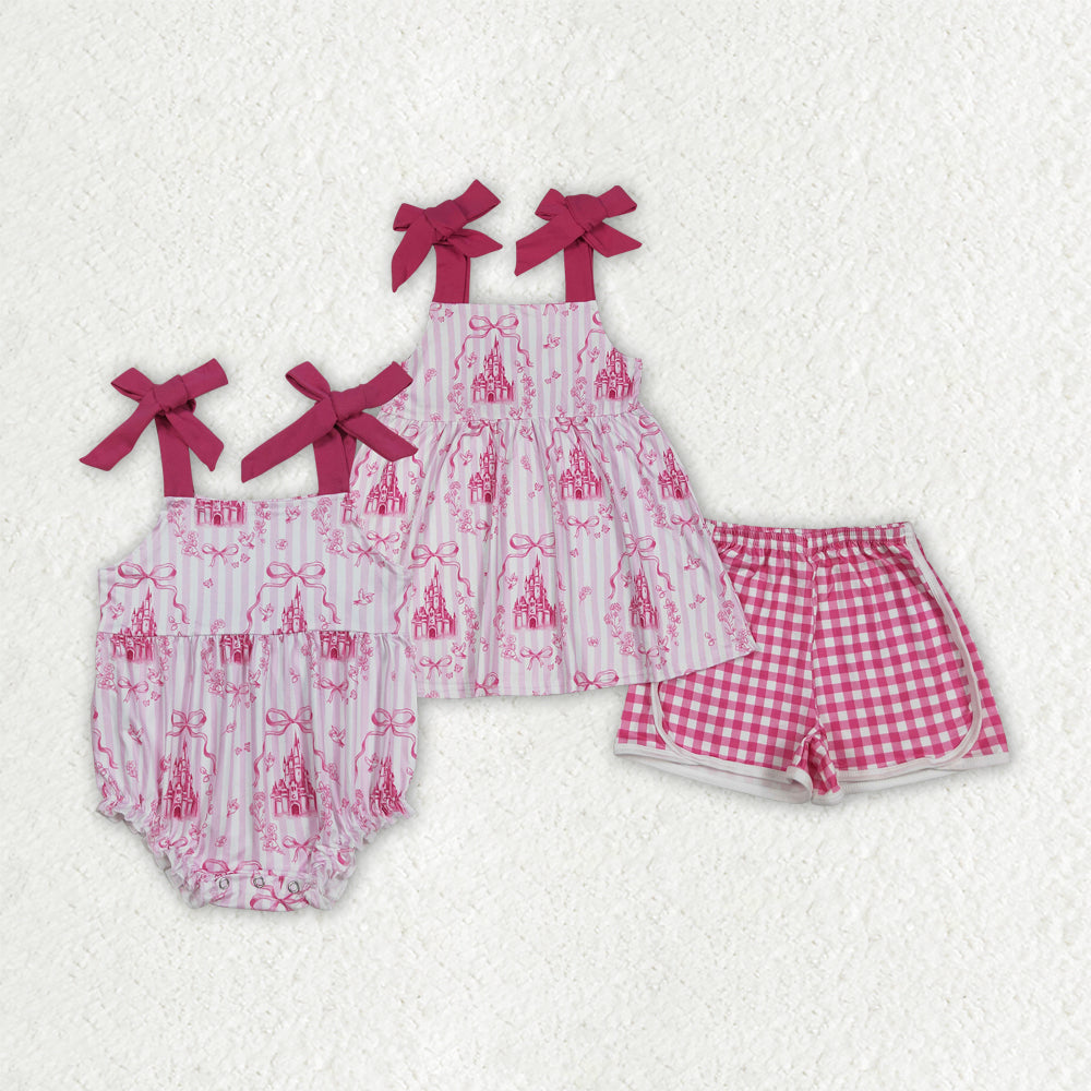 Girls Kids Straps Castles Bows Flower Sibling Summer Romper Set RTS