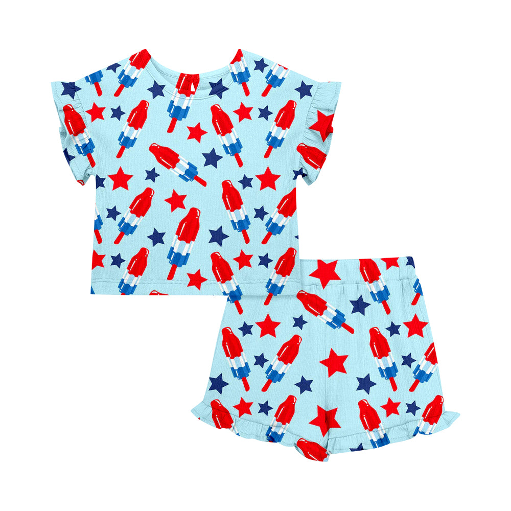 ( Moq 5 Each Style ) Sibling Baby Girls Kids Short Sleeves Popsicle Bows Shirts Shorts 4th of July Sets