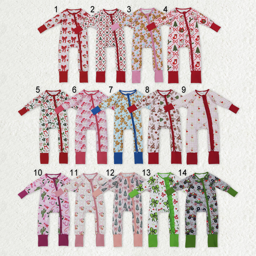 Sibling Baby Boys Girls Kids Christmas Bows Santa Two-way Zipper Footie Sleeper Rompers RTS
