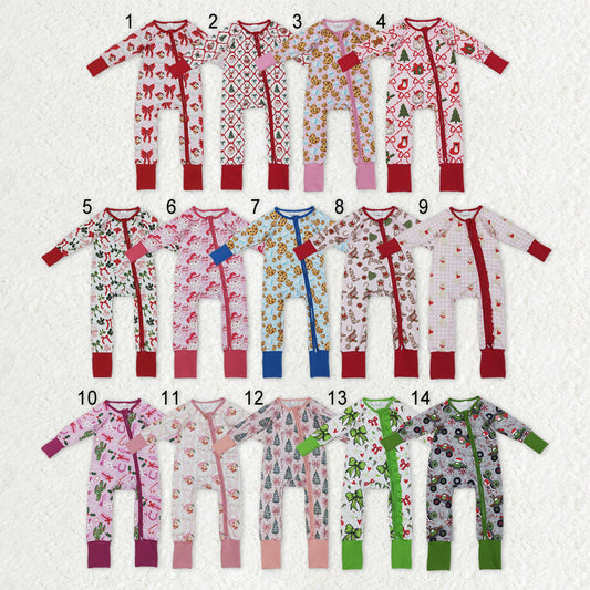 Sibling Baby Boys Girls Kids Christmas Bows Santa Two-way Zipper Footie Sleeper Rompers RTS