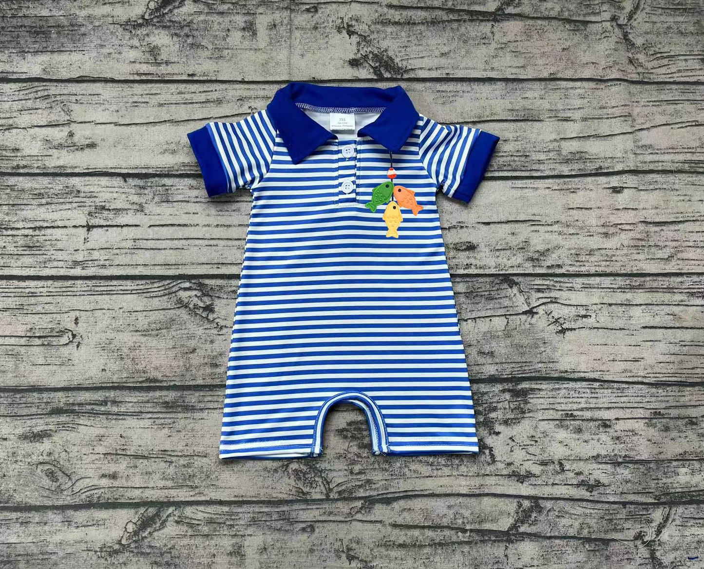 No Moq Pre-order Baby Boy Short Sleeves Embroidery Fishing Stripes Blue One Piece Romper