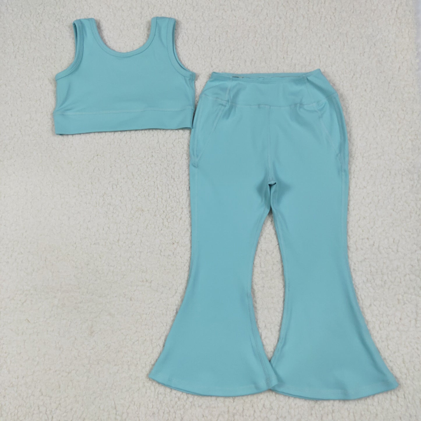 Baby Girl Straps Blue Vest Tops Bell Bottom Pants Yoga Active Wear Clothes Set RTS