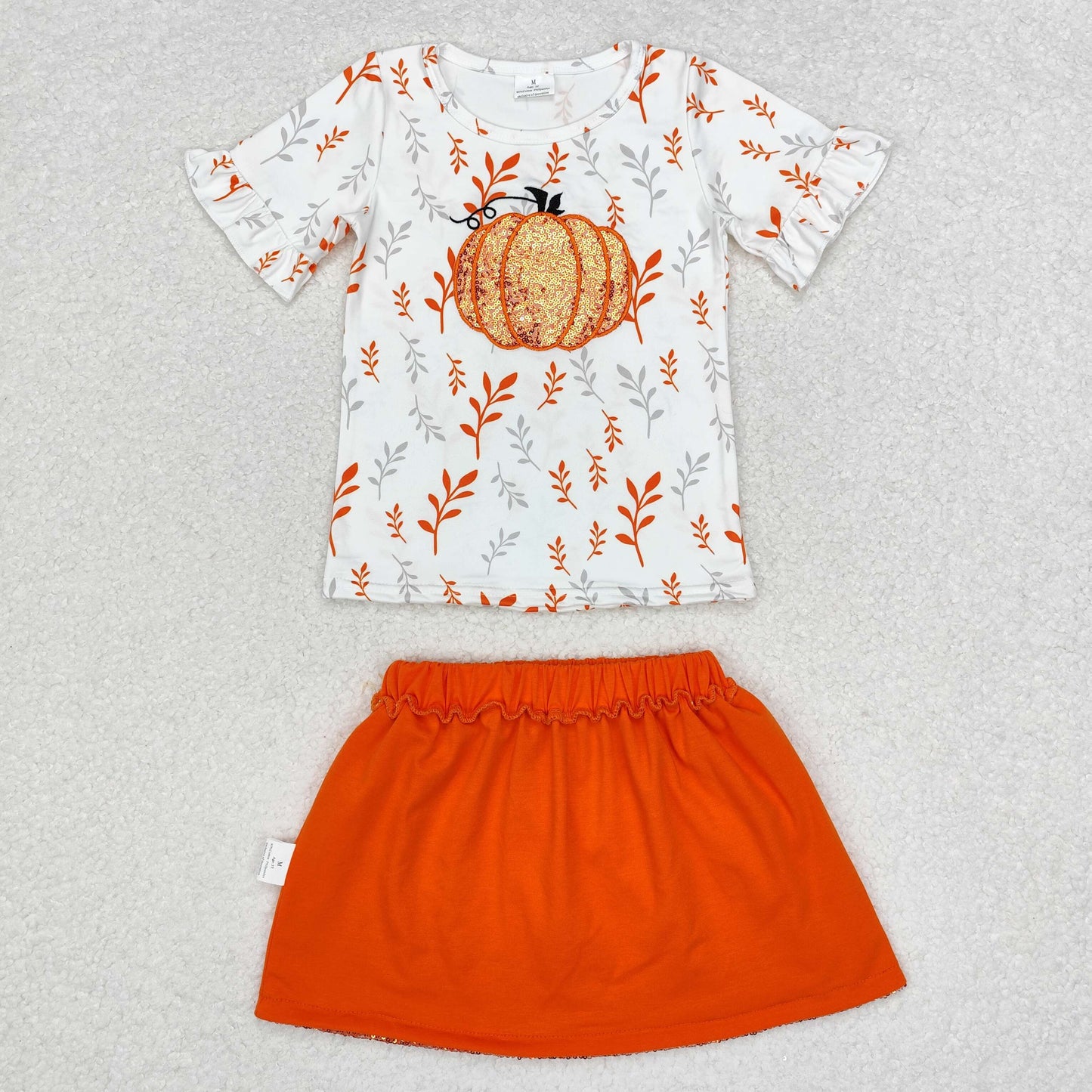 Baby Girl Short Sleeves Embroidery Pumpkin Shirt Sequins Skirt Set